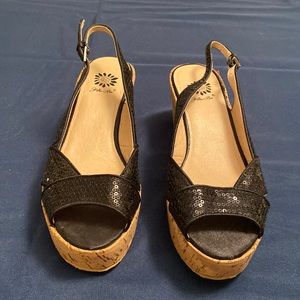 Yellow Box Black Sequin Wedge Sandals